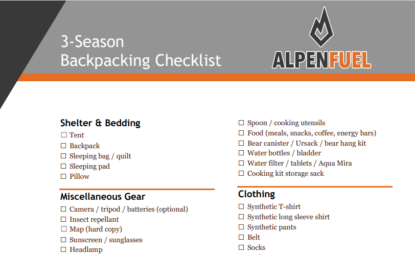 Alpen Fuel 3-Season Backpacking Checklist - Word File