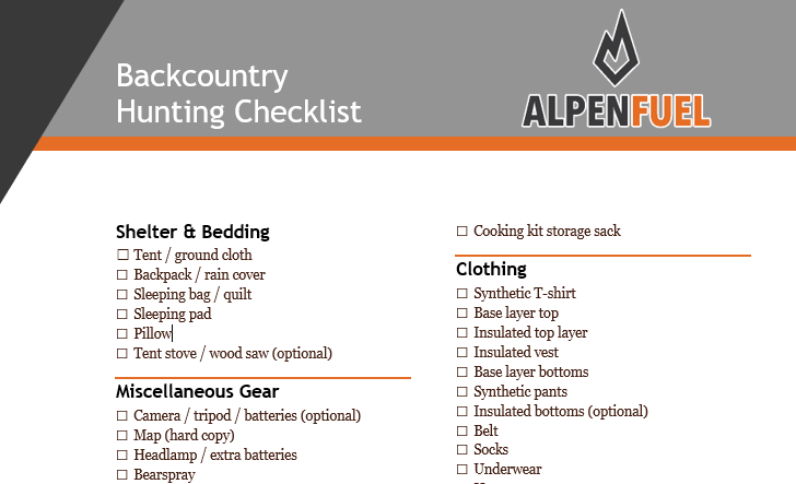 Alpen Fuel Backpack Hunting Checklist - PDF